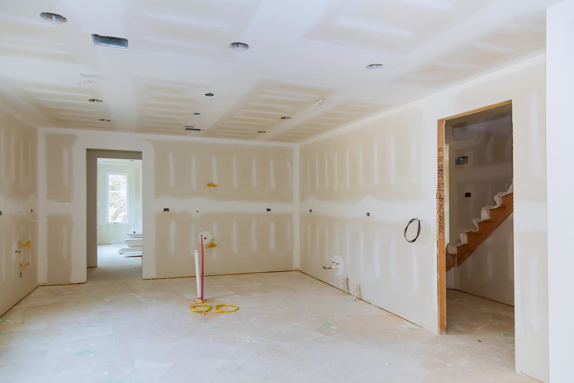 Drywall is hung in kitchen room remodeling project