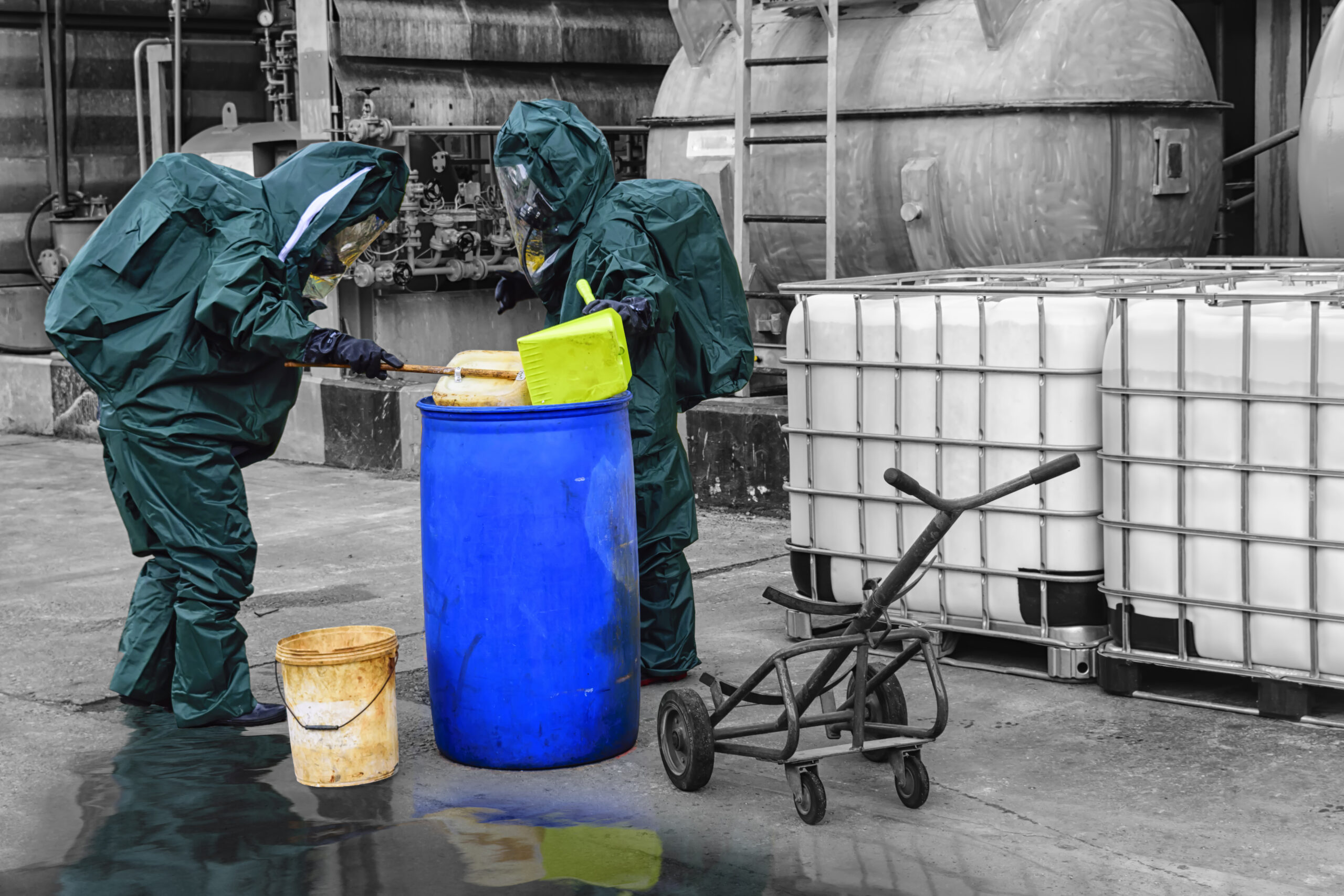 Two workers in green hazmat suits carefully handle materials from a blue drum at an industrial site